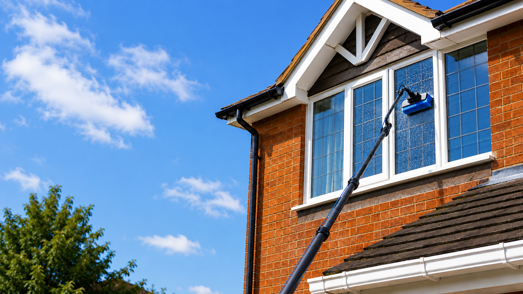 Cleaning high windows crystal clear using a pole.